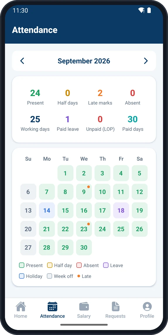 Attendance calendar with present, late and leave days