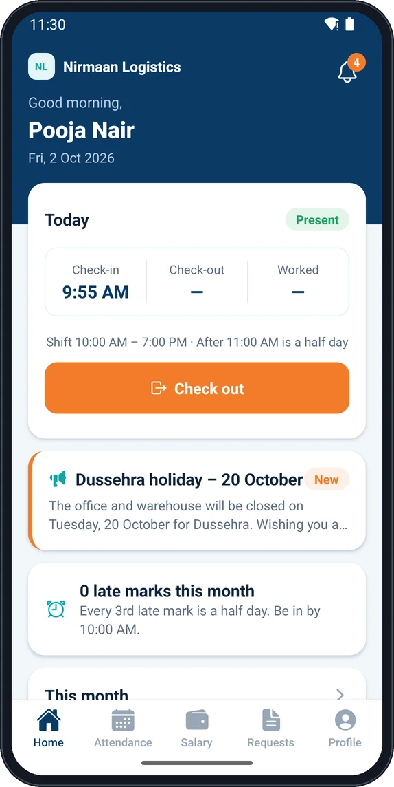 Employee app home screen with GPS check-in