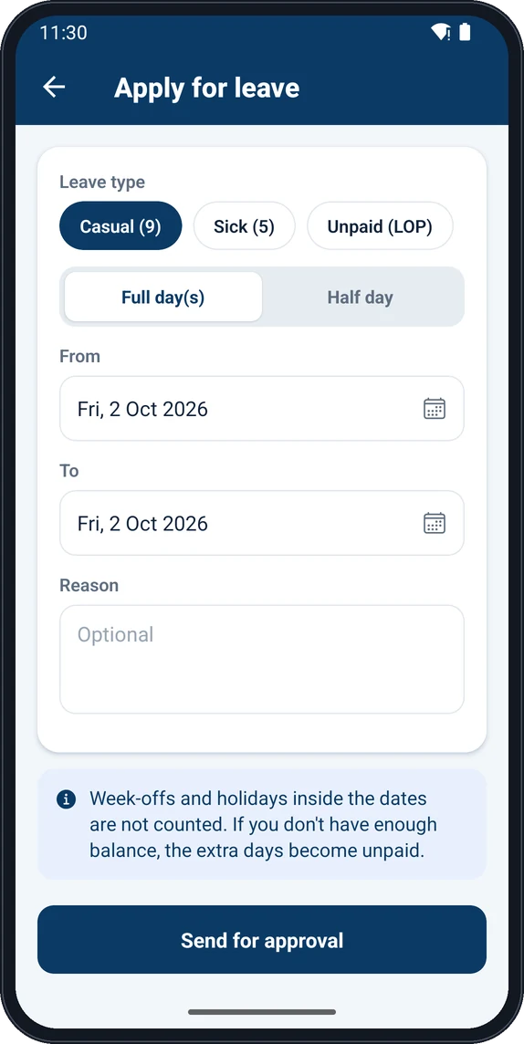 Apply for leave screen
