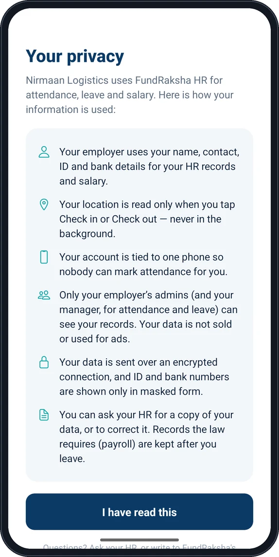 Privacy notice shown to employees on first login