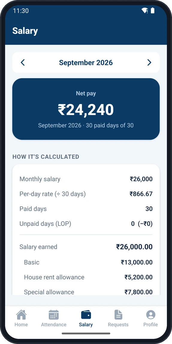 Salary screen with net pay and how it is calculated