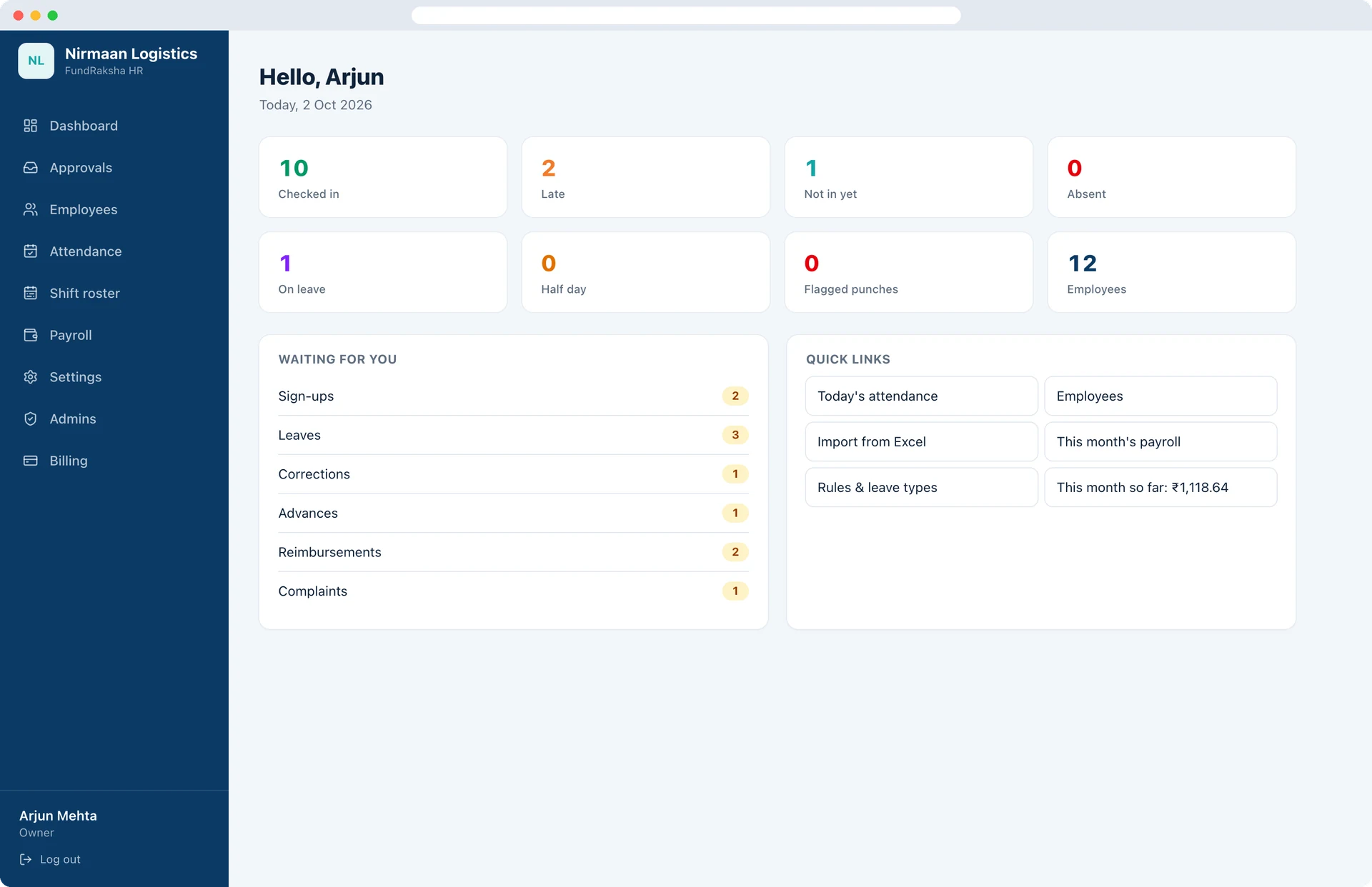 FundRaksha HR web console dashboard with today’s attendance and approvals