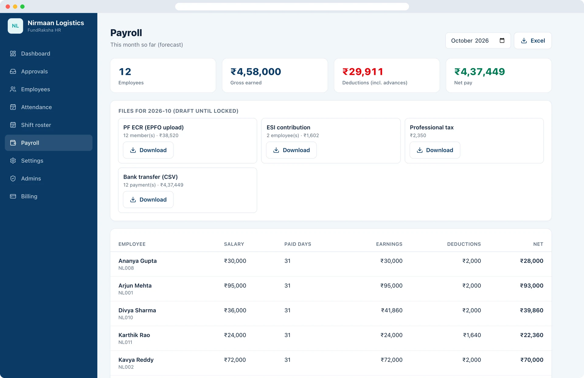 Payroll screen with gross, deductions, net pay and downloadable statutory files